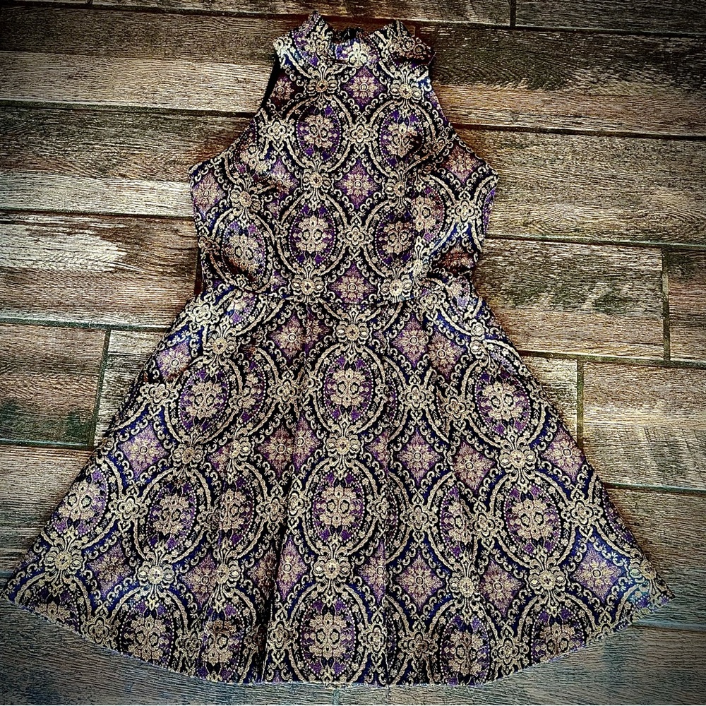 BB Dakota Metallic Purple and Gold Brocade  patterned dress 6